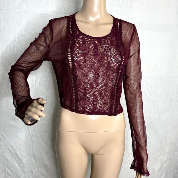 Self Esteem Tops - Maroon Lace Mesh Long Sleeve Crop Top